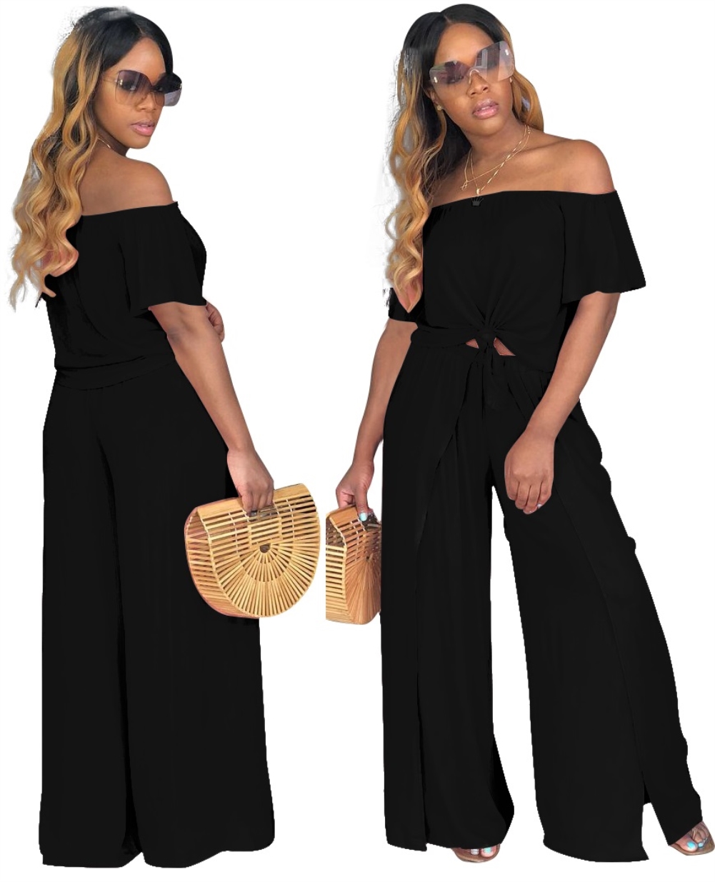 Summer Off Shoulder Plain Shirt and Loose Pants