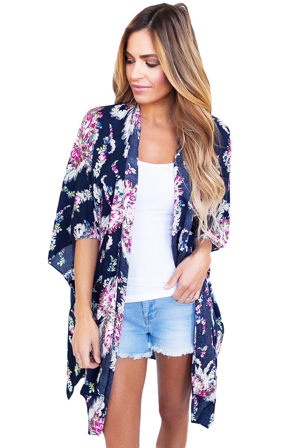 Flower Print Open Front Kimono in Navy