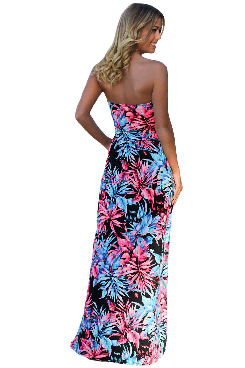 Black Neon Pink Tropical Strapless Maxi Dress with Pockets