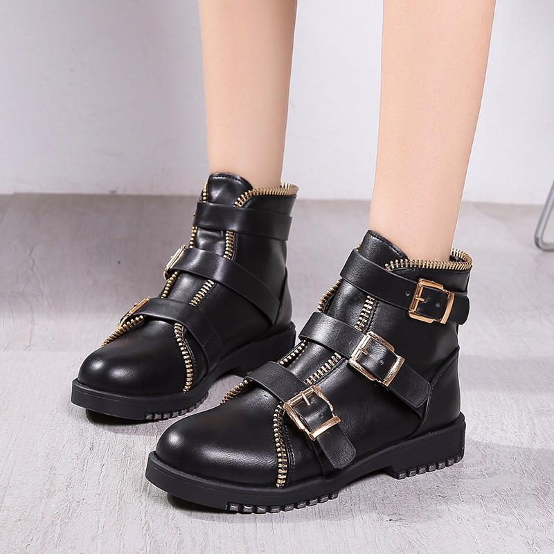 Gunmetal Zipper Daily Adjustable Buckle Spring/Fall Chunky Heel Boot