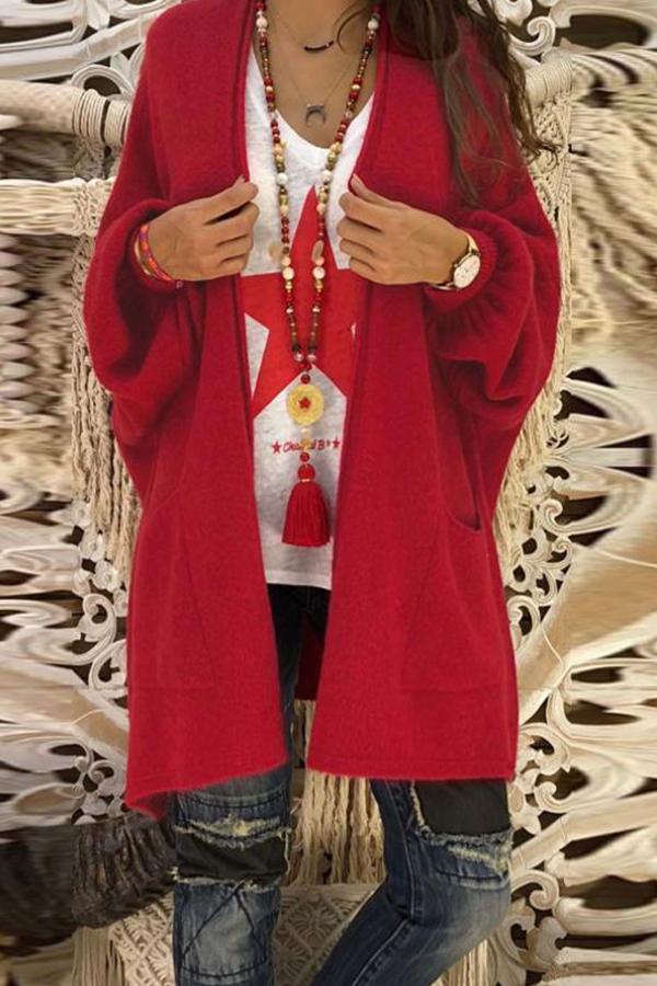 Fashion Long Lantern Sleeve Plain Pocket Cardigans