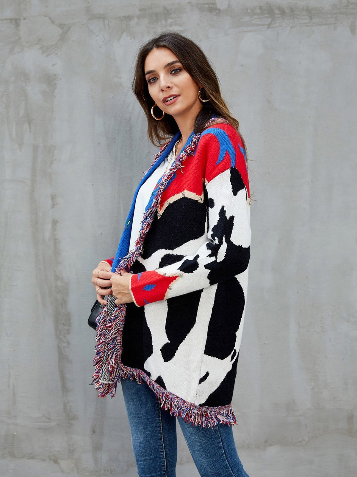 Red Shawl Collar Fringed Embroidered Cardigan