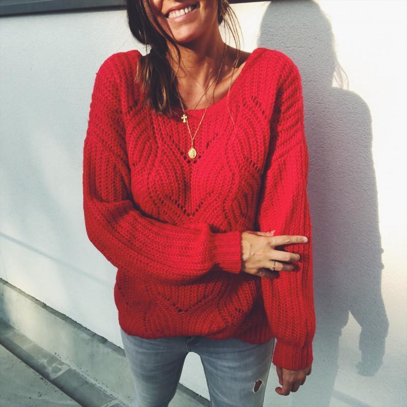 Loose Lantern Sleeve Knitting Red Women Sweater