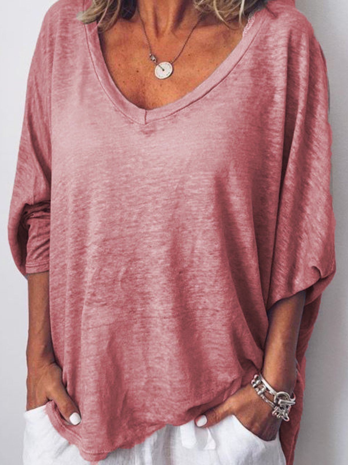 3/4 Sleeve V Neck Casual Tops