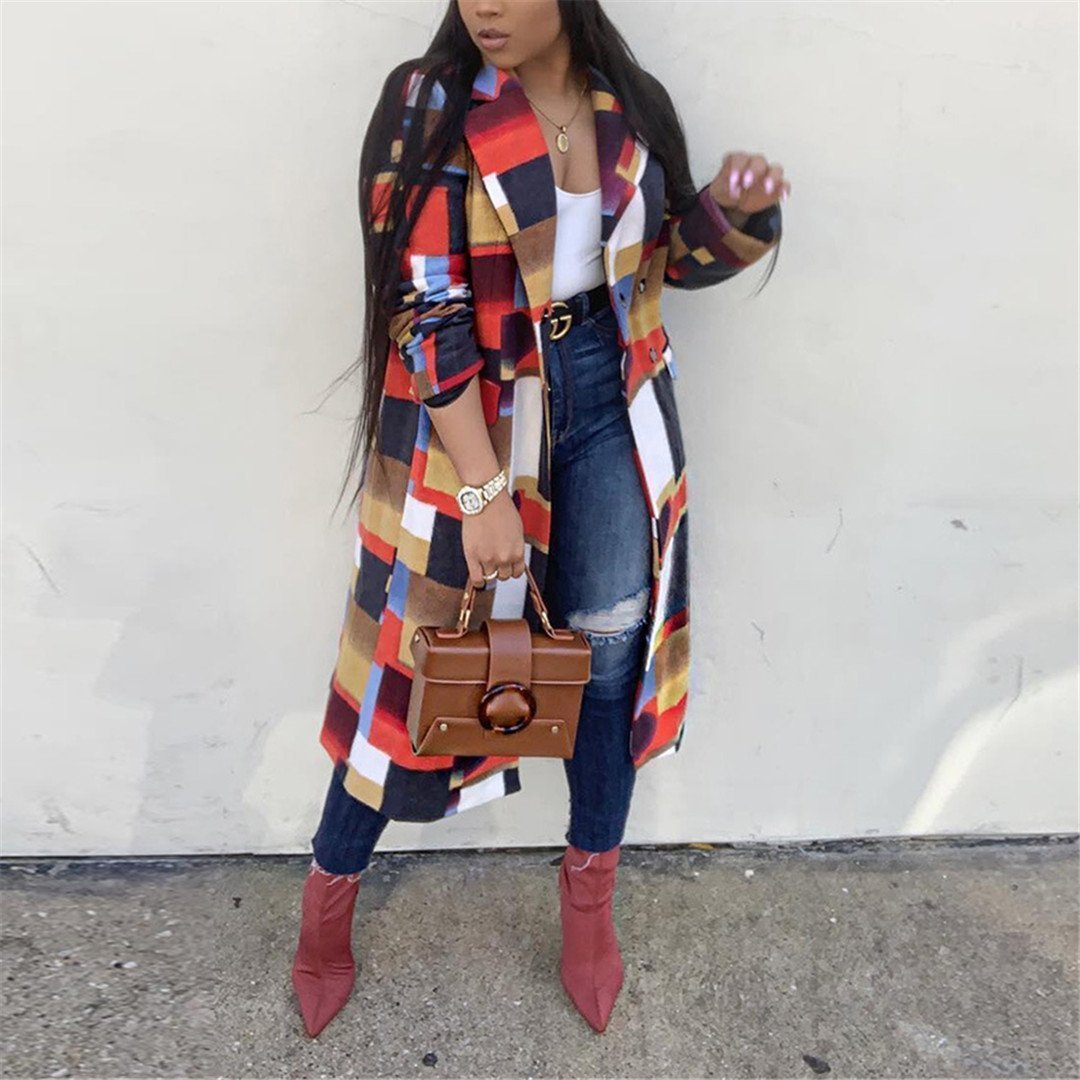 Fashion Lapels Geometric Figure Long Trench Coat