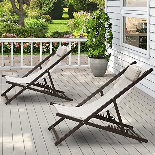 PURPLE LEAF Patio Outdoor Beach Sling Chair Folding Camping Chairs Canva Fishing Pool Side Chairs Set of 2 with Cushioned Headrest, White Diamond