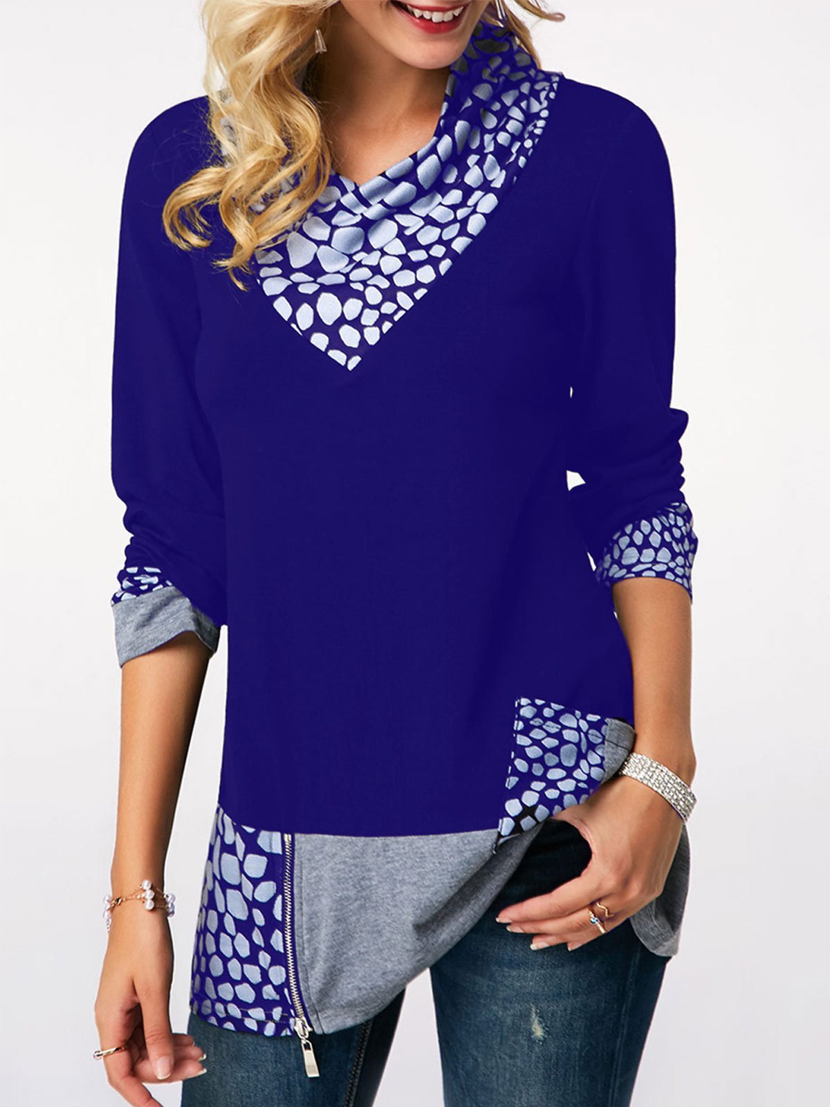 Printed Zipper Detail Long Sleeve  (S-5XL) T Shirt