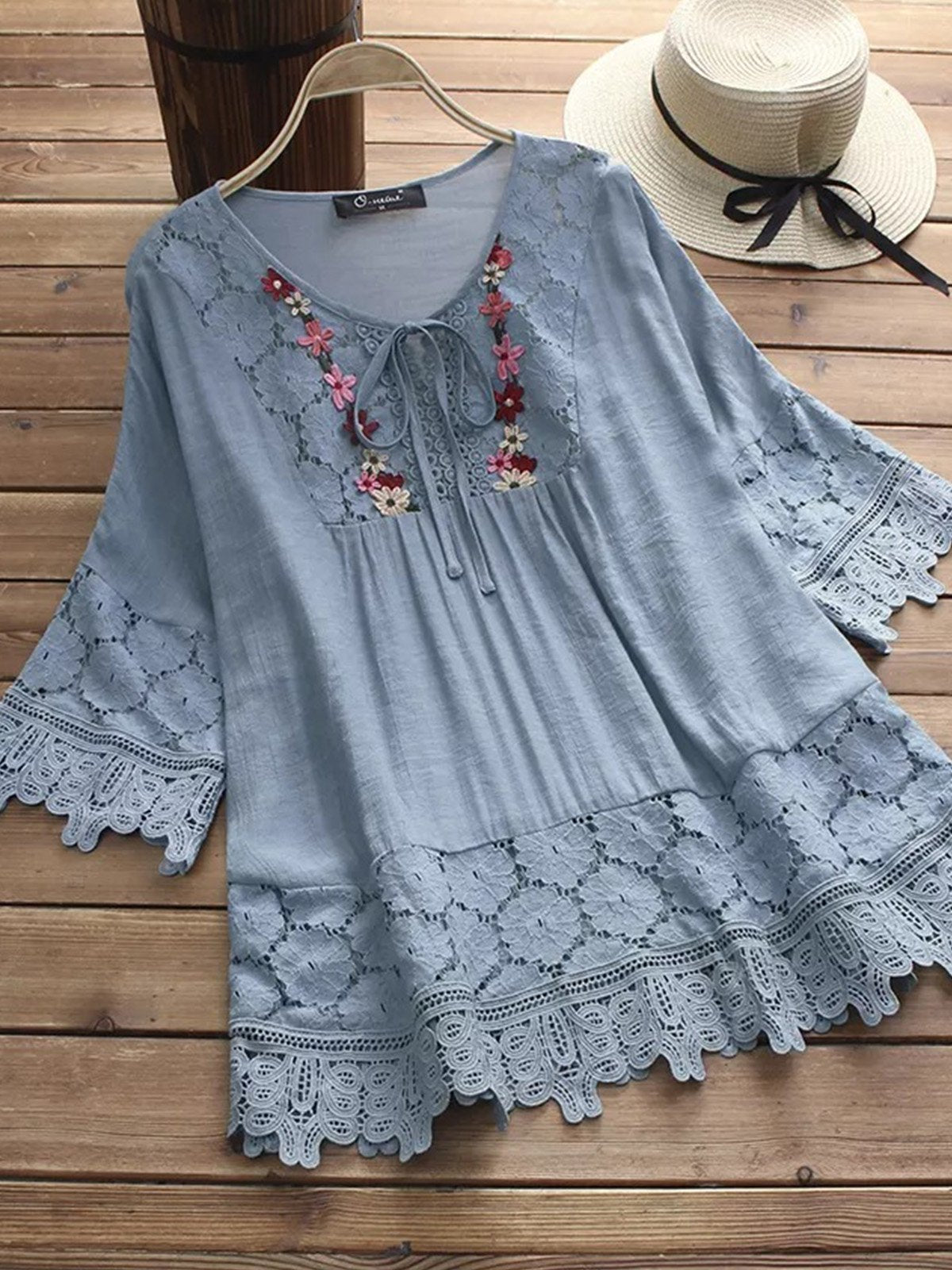 Women Casual Loose Lace Cutout Tops Tunic Blouse Shirt