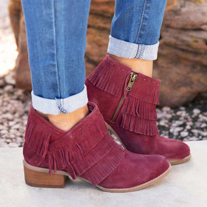 Women Short Tassel Ankle Boots Side Zipper Shoes