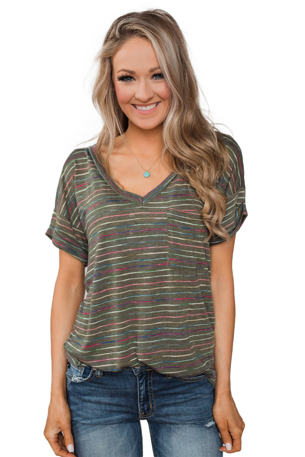 Green Get The Party Started Striped Pocket Tee