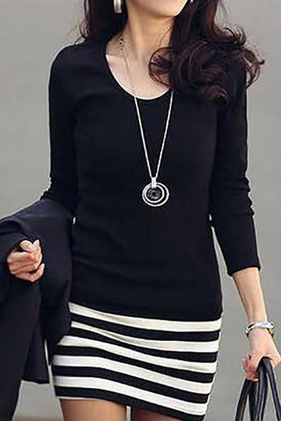 Crew Neck  Cutout  Contrast Stitching  Striped Bodycon Dresses