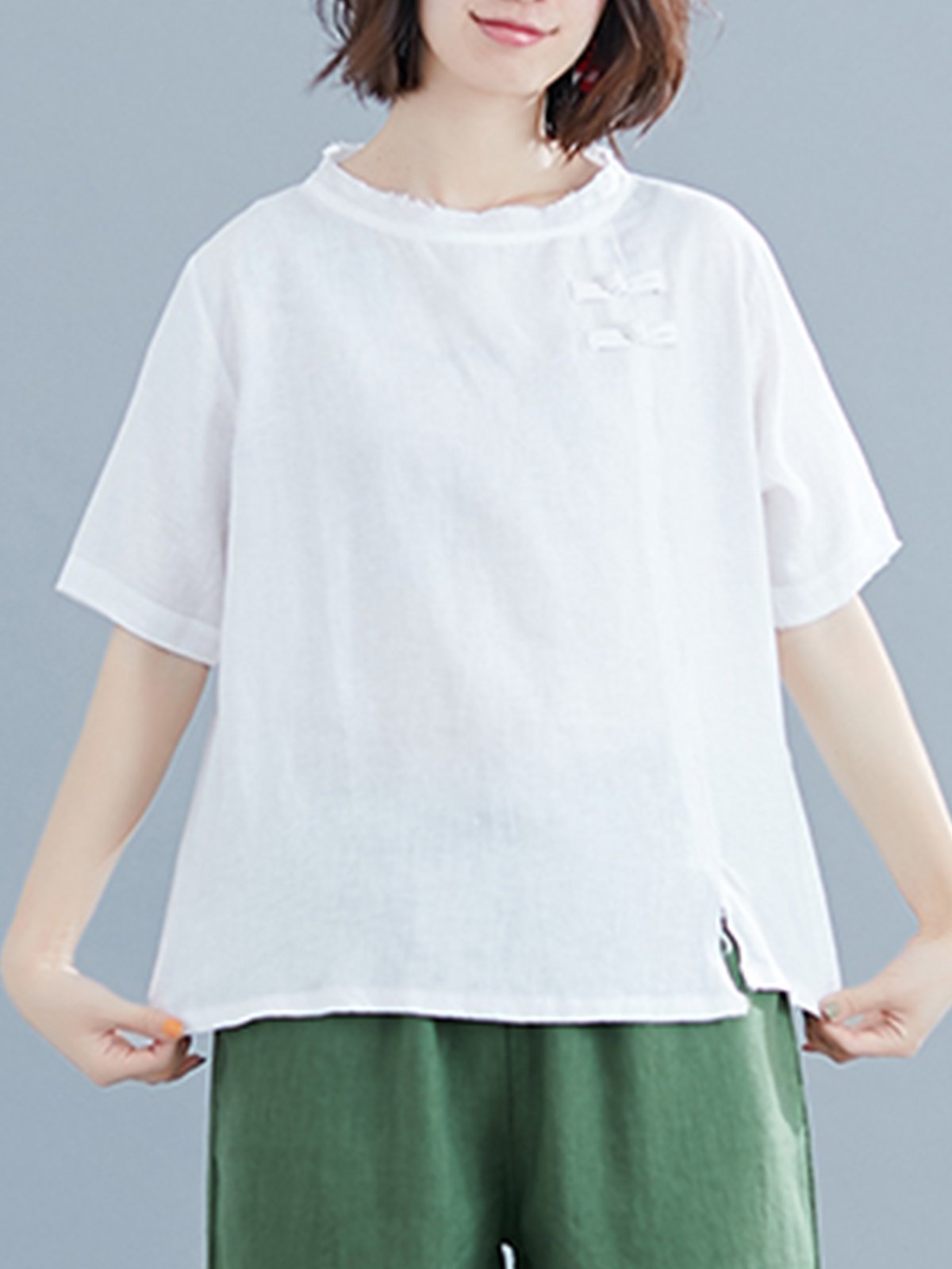 Plus Size Women Short Sleeve Round Neck Vintage Solid Casual Tops