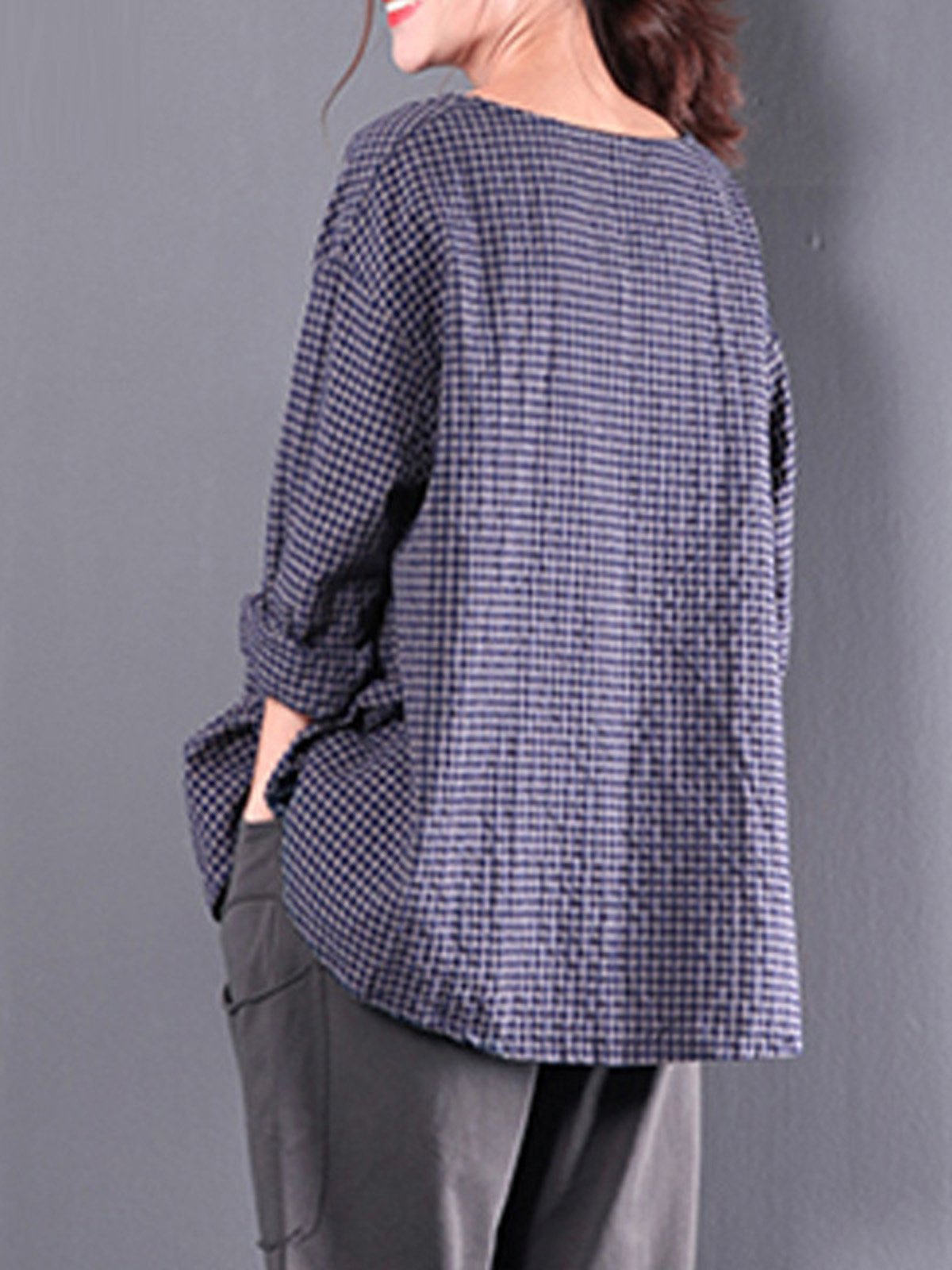 Casual Cotton 3/4 Sleeve Gingham Linen Blouse