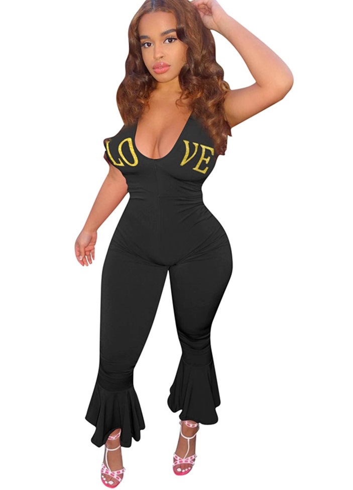 Print Black Bell Bottom Halter Jumpsuit