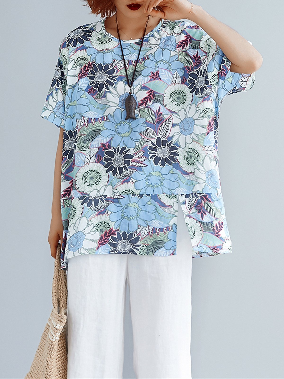 Plus Size Women Cotton And Linen Round Neck Short Sleeve Vintage Floral Casual Tops