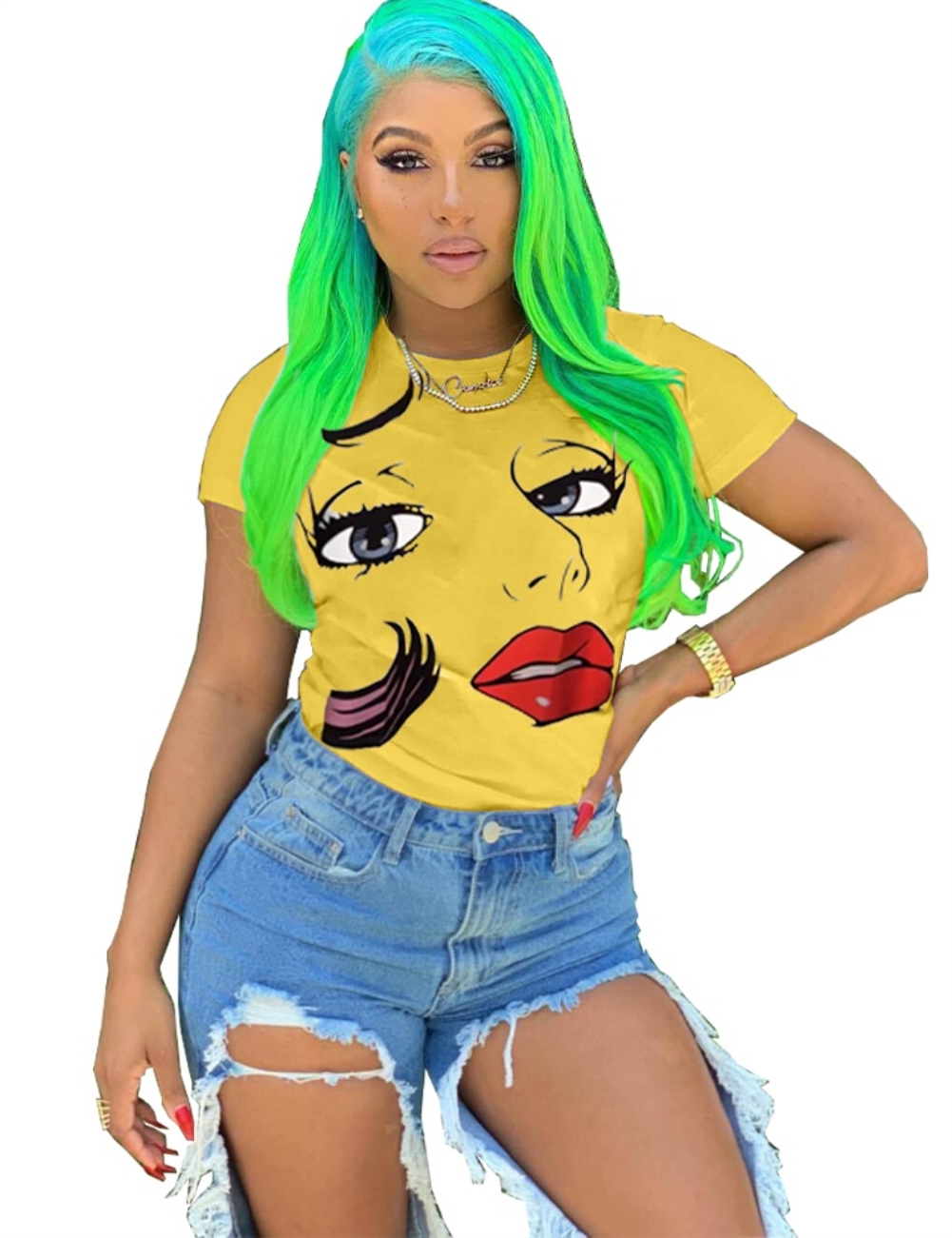 Summer Character Print O Neck Shirt