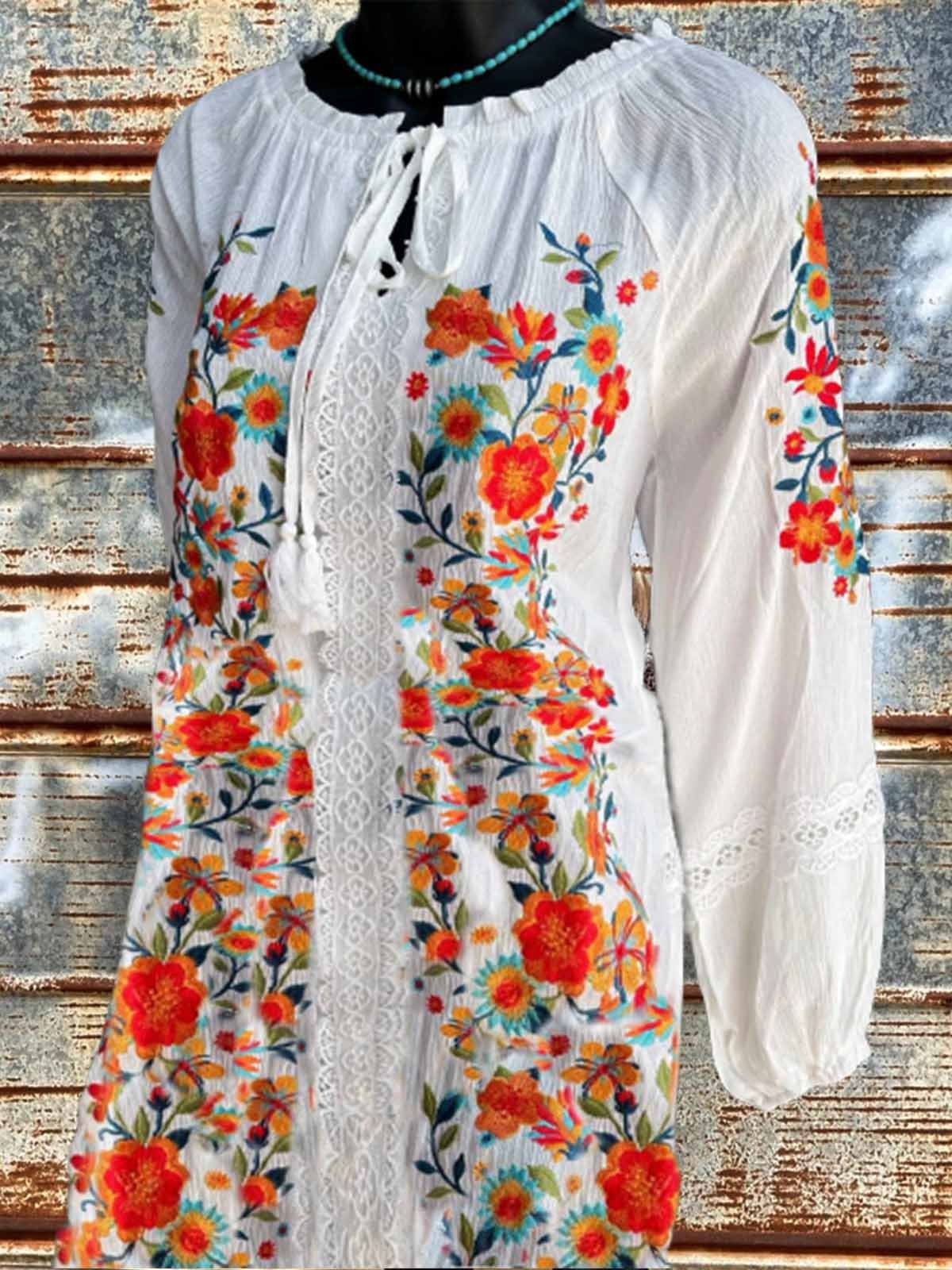 Floral Crew Neck Long Sleeve A-Line Dresses