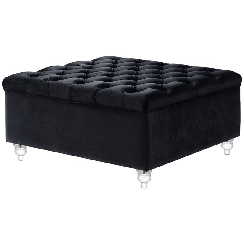 Posh Living Joshua Black Velvet Storage Ottoman - Square - Tufted - Lucite Legs