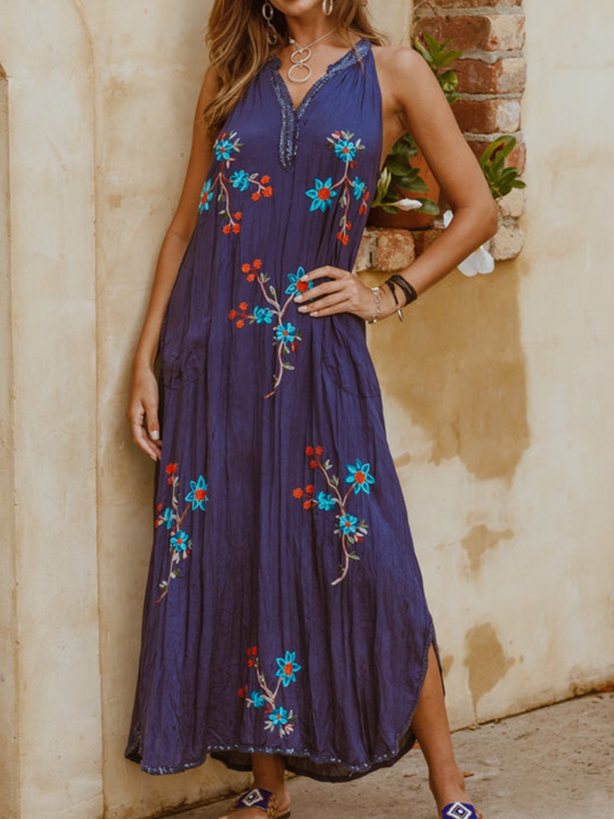 Sleeveless Floral V Neck Casual Dresses