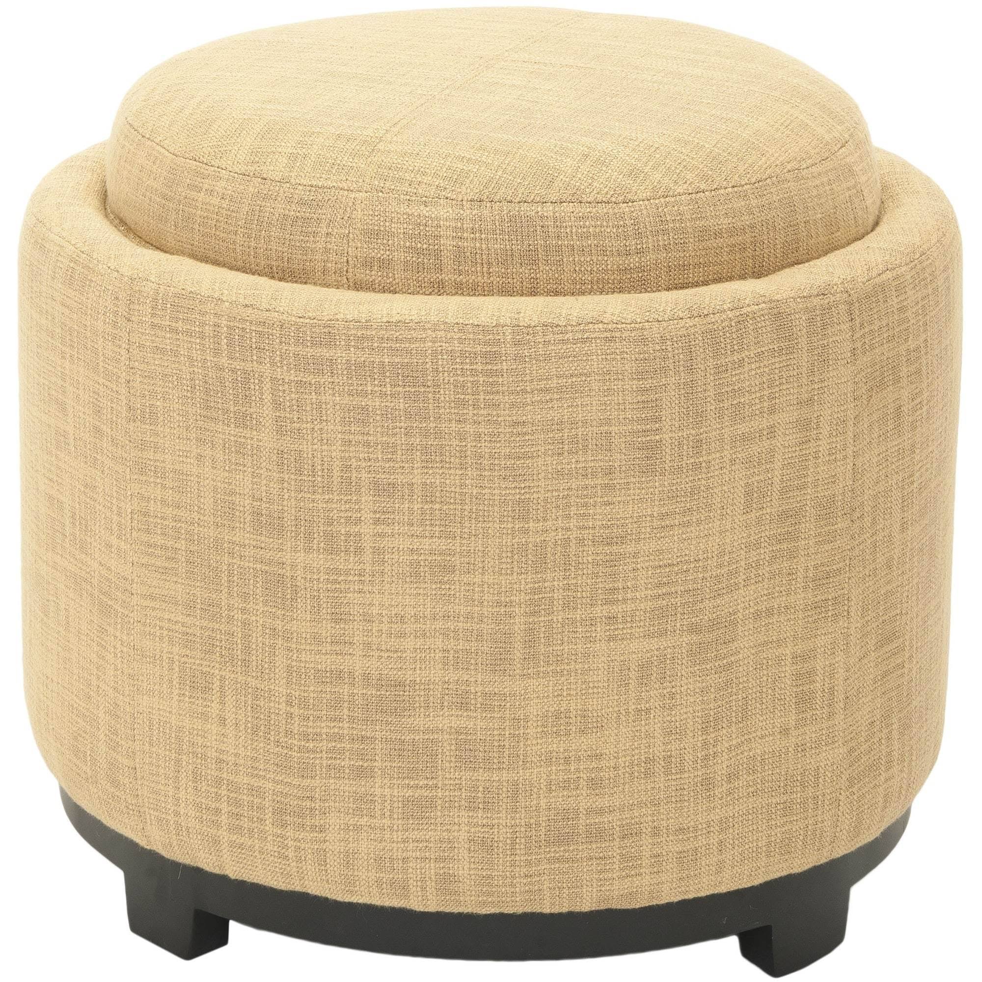 DH Broadway Single Tray Gold Viscose Storage Round Ottoman Transitional Solid Fabric Upholstered Wood Top