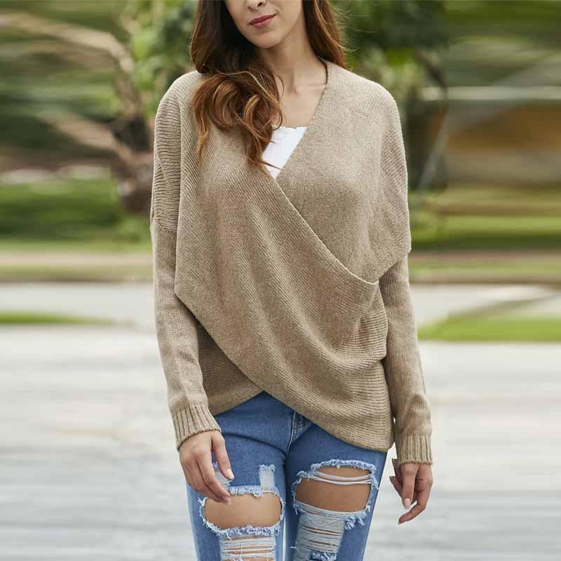 Solid Color Cross V-Neck Sweater