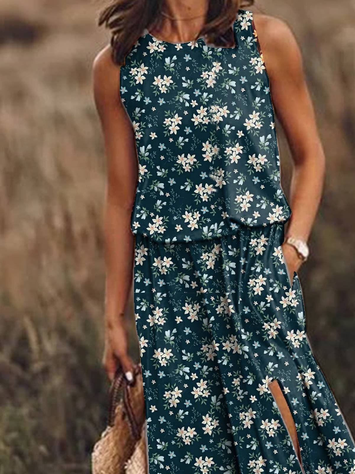 Blue Crew Neck Floral Casual Sleeveless Dresses