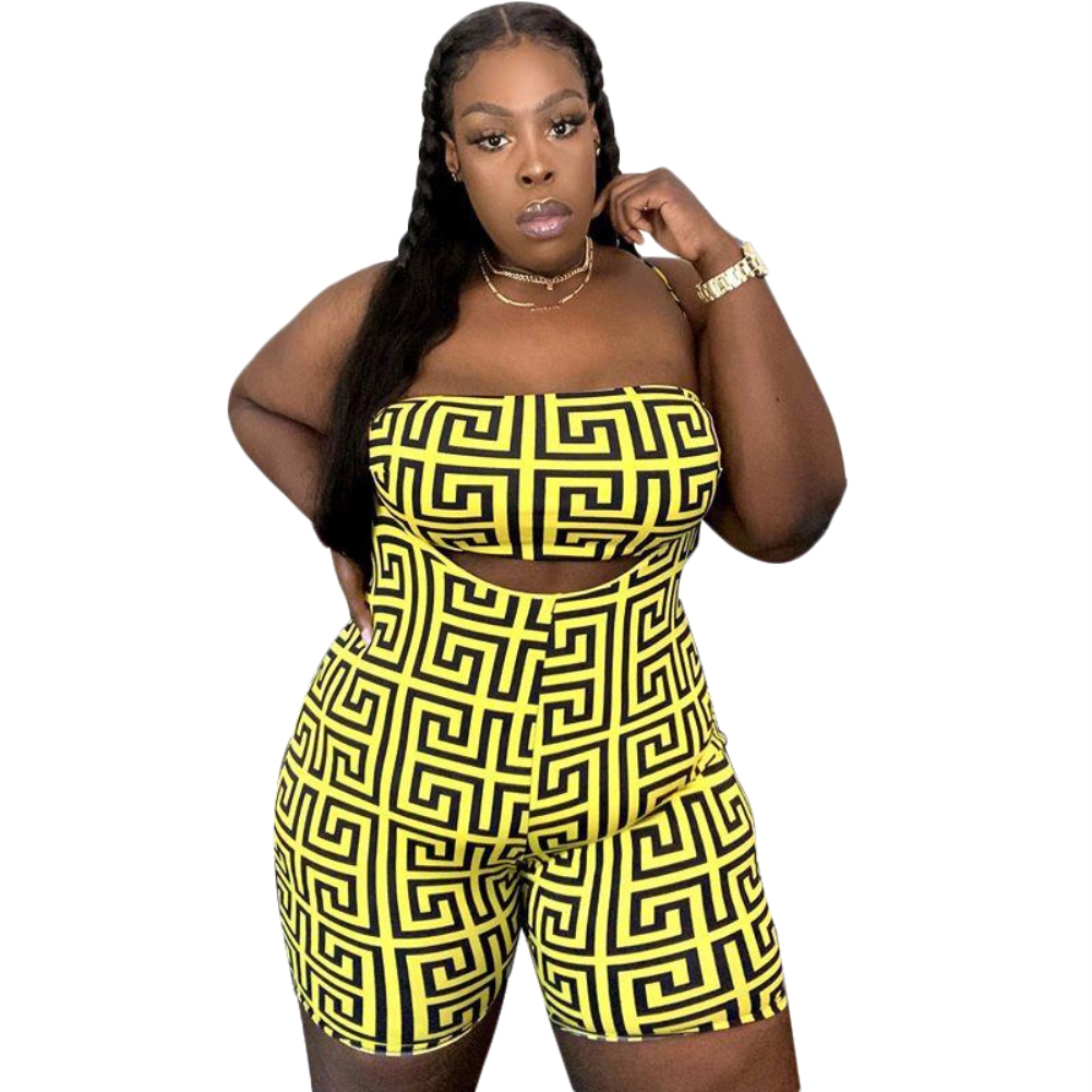 Plus Size Print Two Piece Suspender Shorts Set