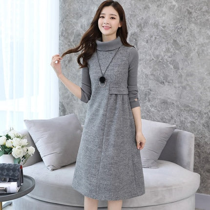 Plus Size Casual Woolen Knit Long Sleeve Turtleneck Elegant A-line Dress