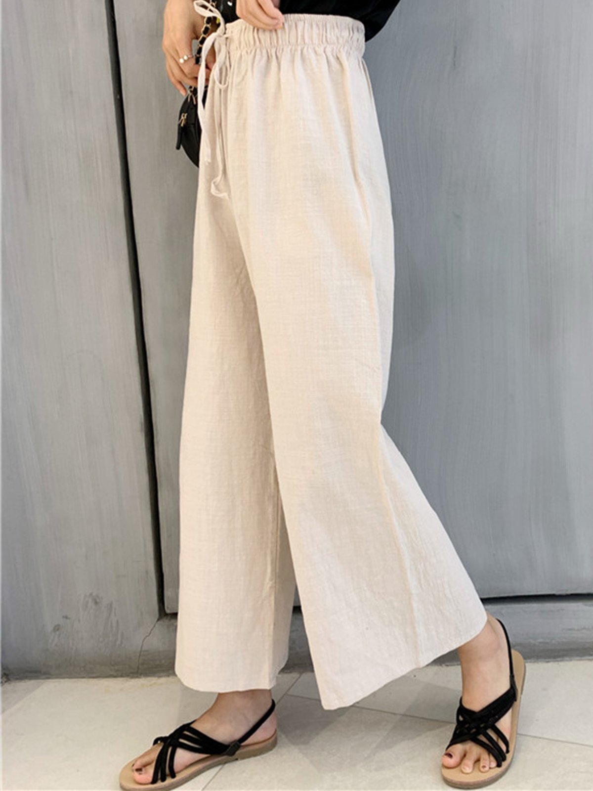 Plus Size Women Cotton And Linen Solid Loose Casual Wide Leg Pants
