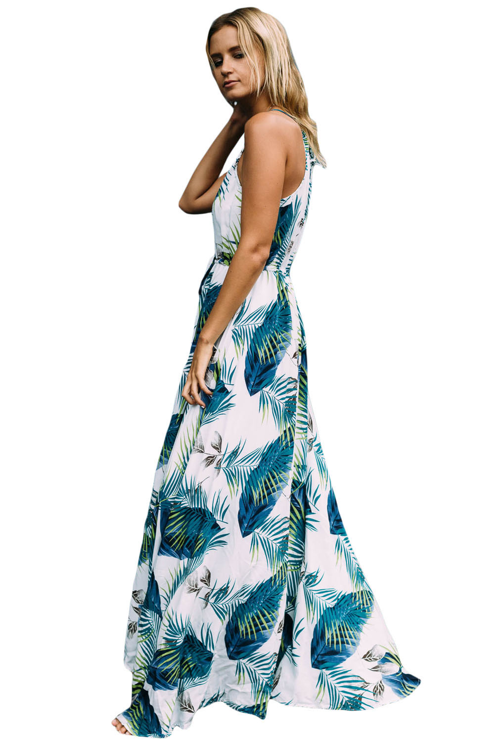 Turquoise Tropical Leaf Print Sexy V Neck Maxi Dress