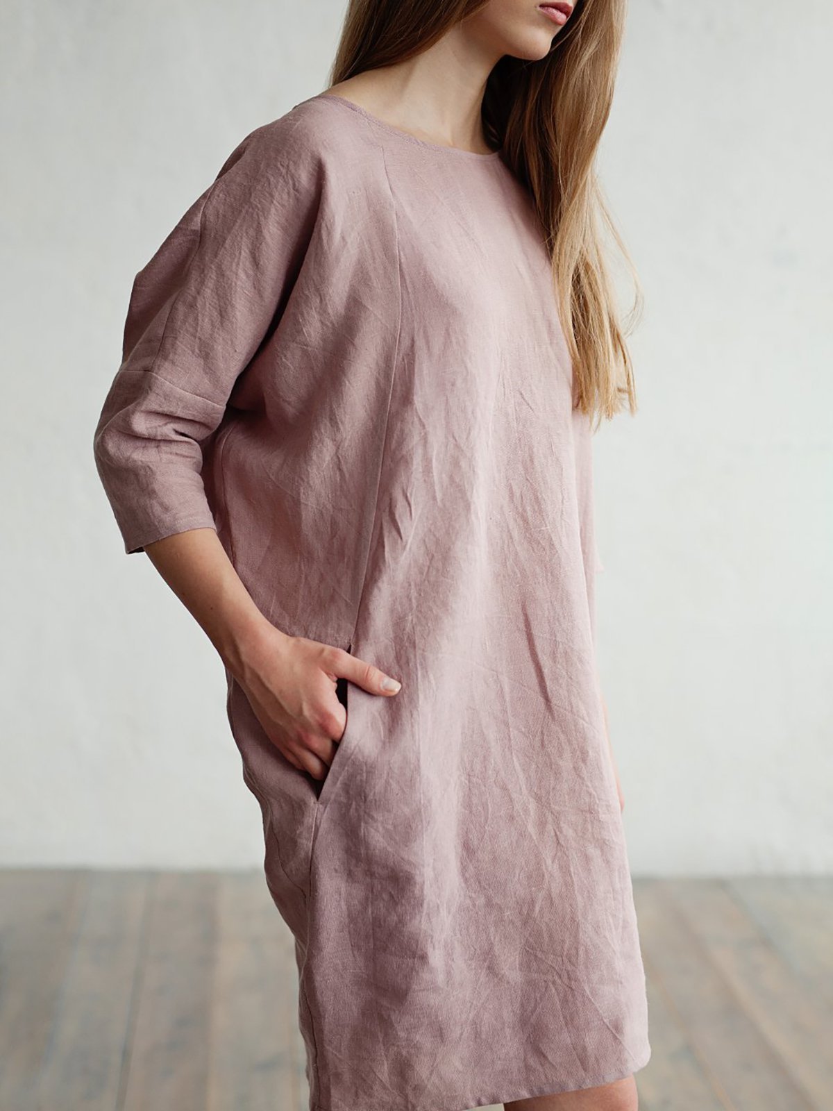 Women Summer Dress Shift Pockets Solid Midi Dress