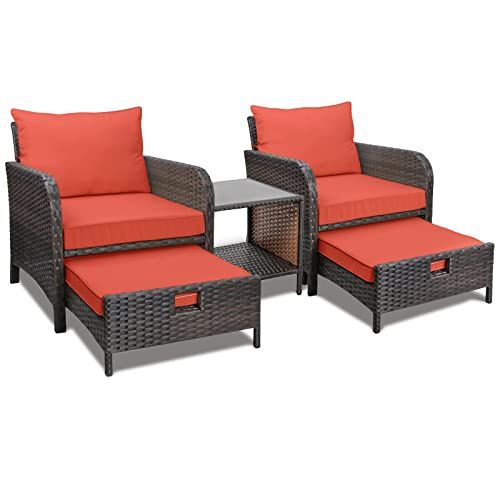 LeveLeve Balcony Furniture 5 Piece Patio Conversation Set, PE Wicker Rattan Outdoor Lounge Chairs with Soft Cushions 2 Ottoman&Glass Table for Porch, Lawn-Brown Wicker (Orange Red)