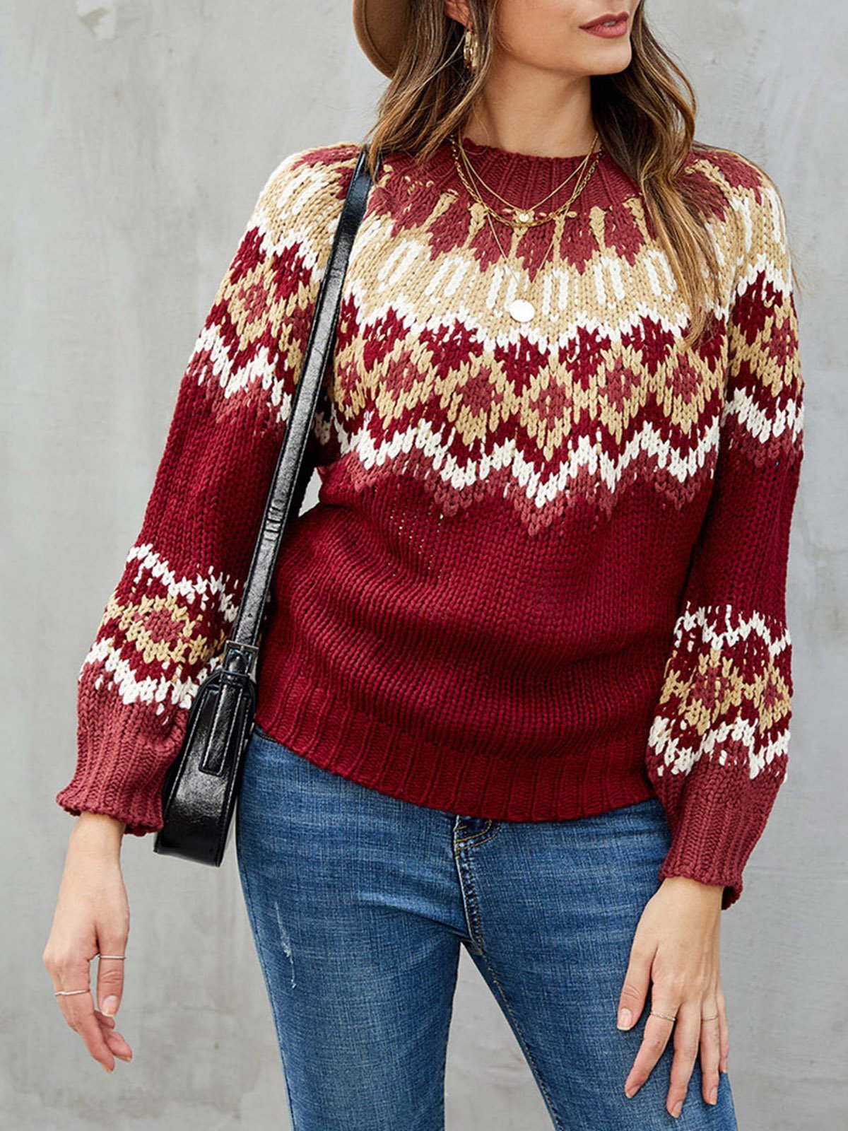 Burgundy Casual Tribal Knitted Acrylic Sweaters