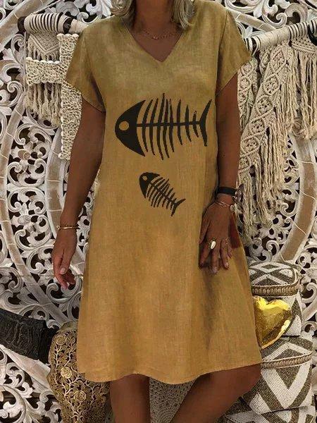 Casual V Neck Plain Short Sleeve Dresses