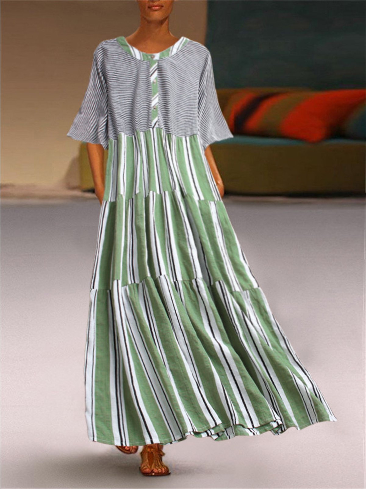 Cotton-Blend Short Sleeve Printed Round Neck Dresses