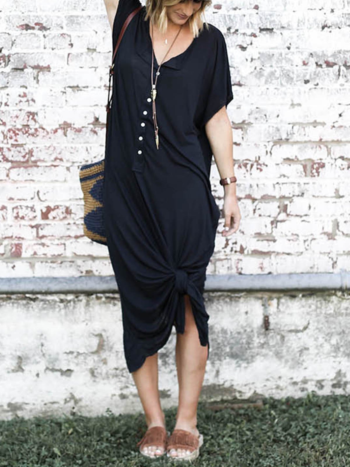 Solid V Neck Buttoned Casual Maxi Dresses