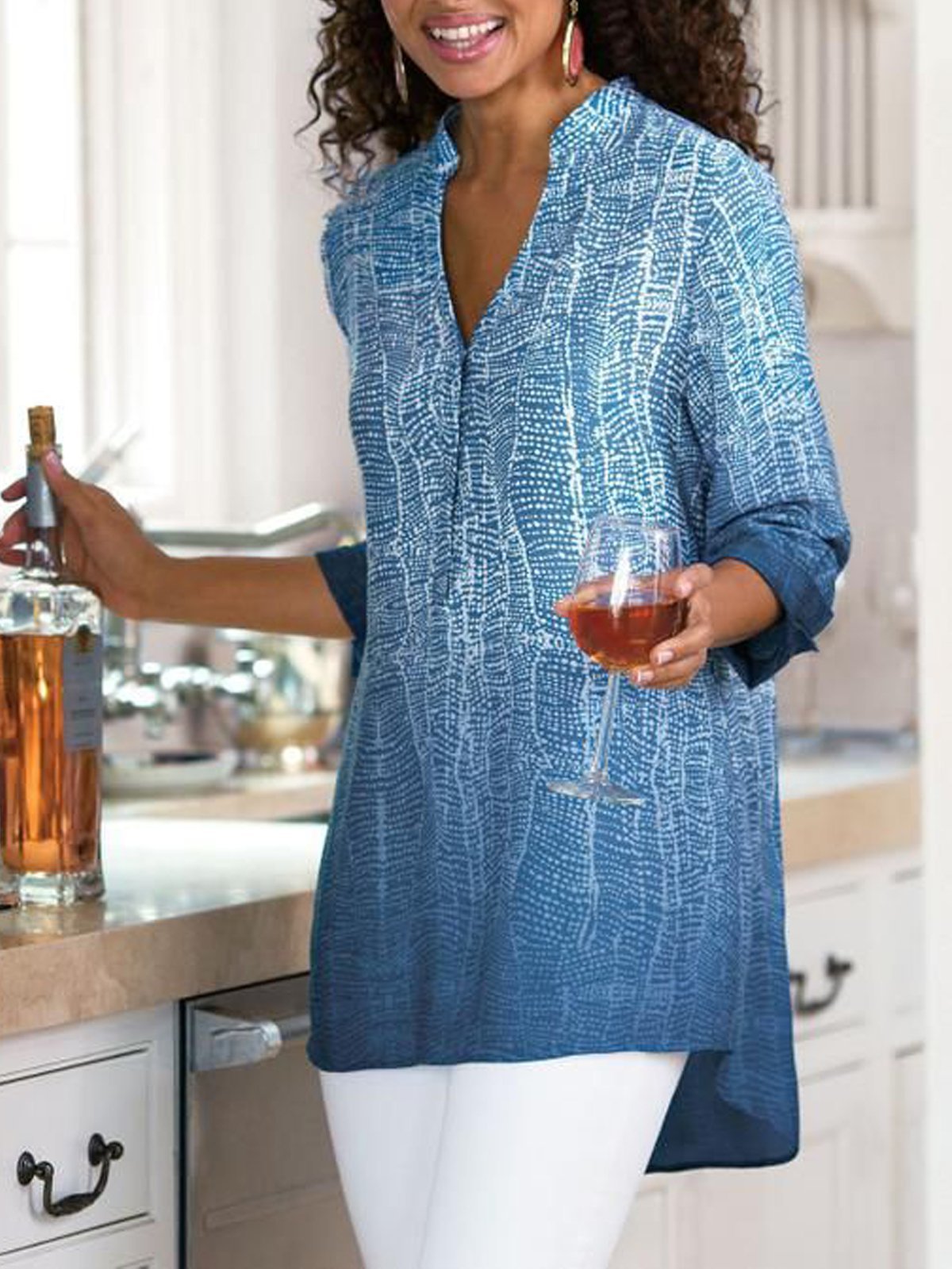 Casual  Printed V-neck Long Sleeve Blouse