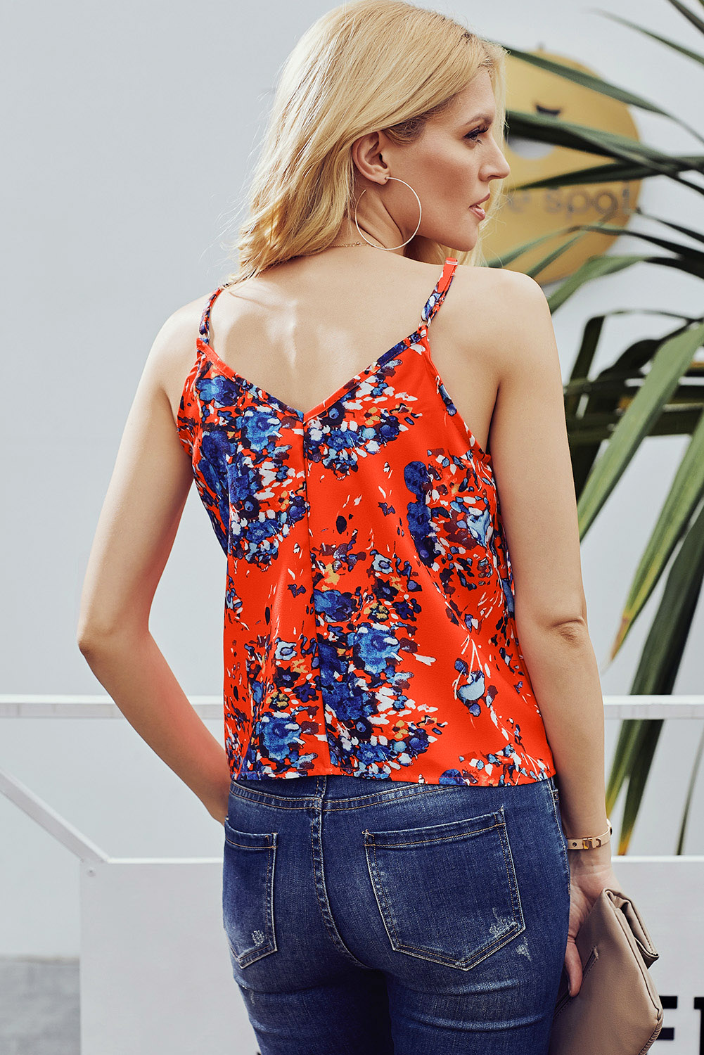 Orange Summer Sleeveless V Neck Spaghetti Straps Vest