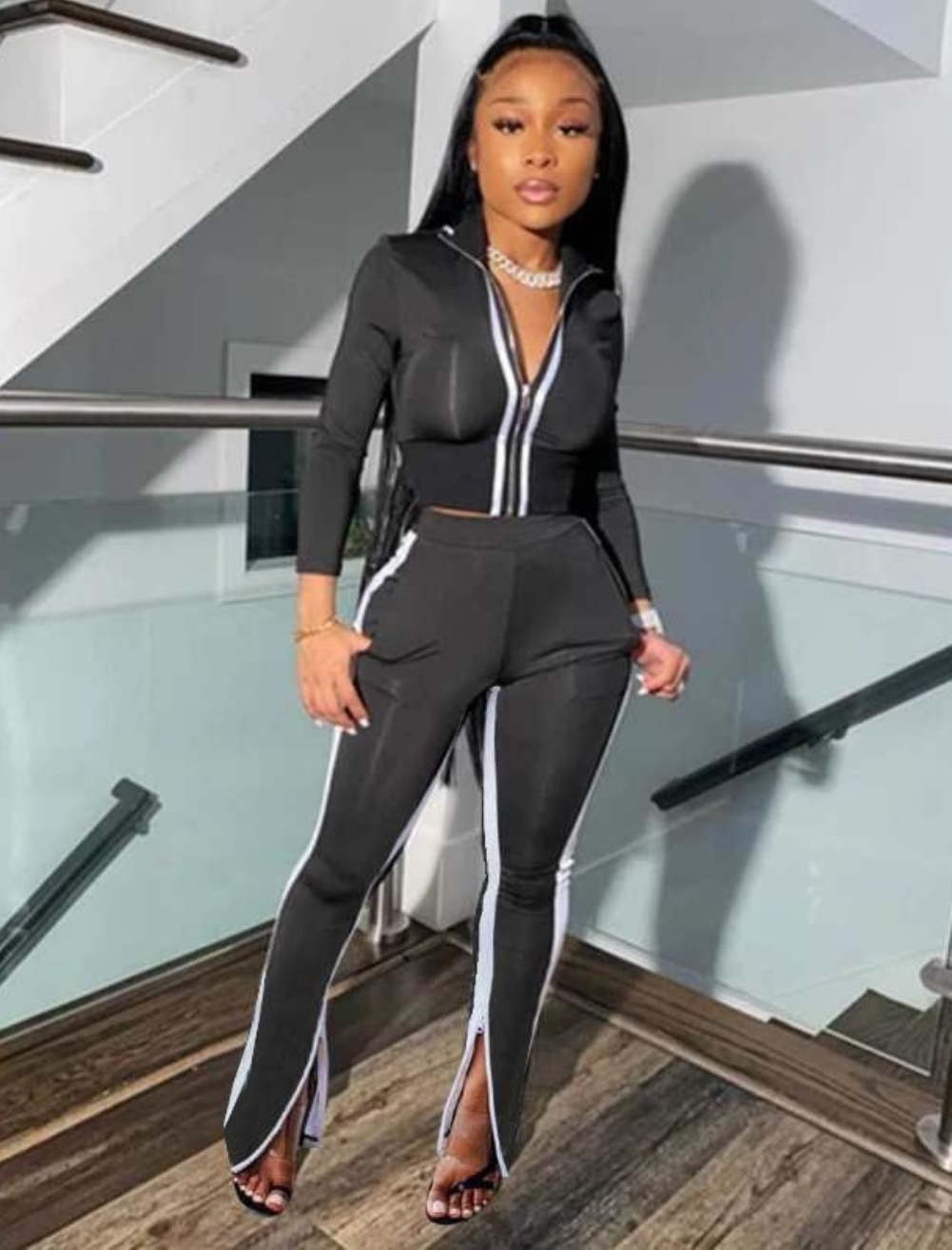 Autumn Matching Zipper Crop Top and Slit Zipper Pants Set