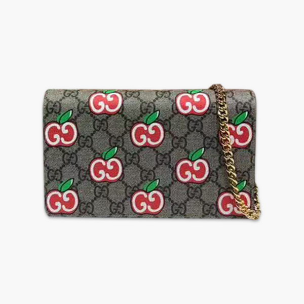 【原版皮】古驰/Gucci 苹果链条钱夹，融入了卡通风格的苹果图案，与品牌的双G字母交织图案巧妙搭配，尽显趣致设计，款号：634275