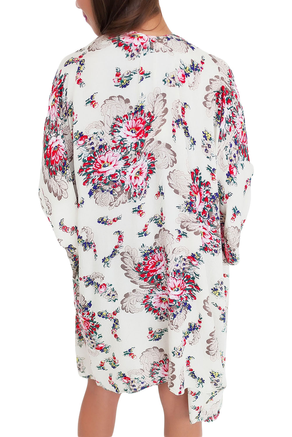 Flower Print Open Front Kimono in White