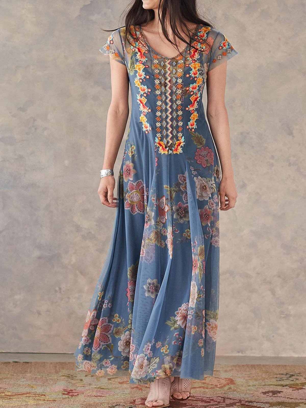 Blue Embroidered Sweet Dresses