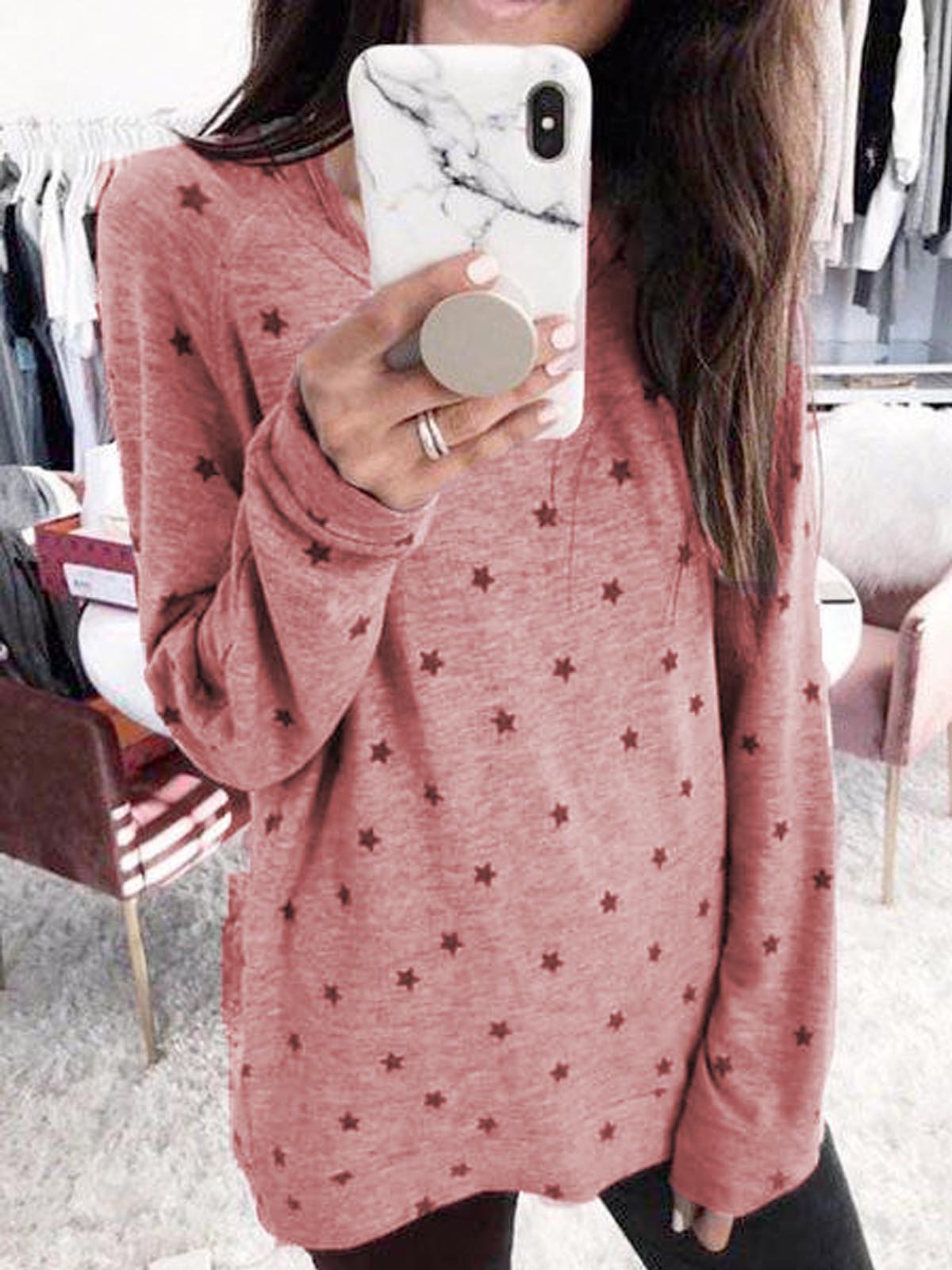Crew Neck Long Sleeve Polka Dots Shirts & Tops