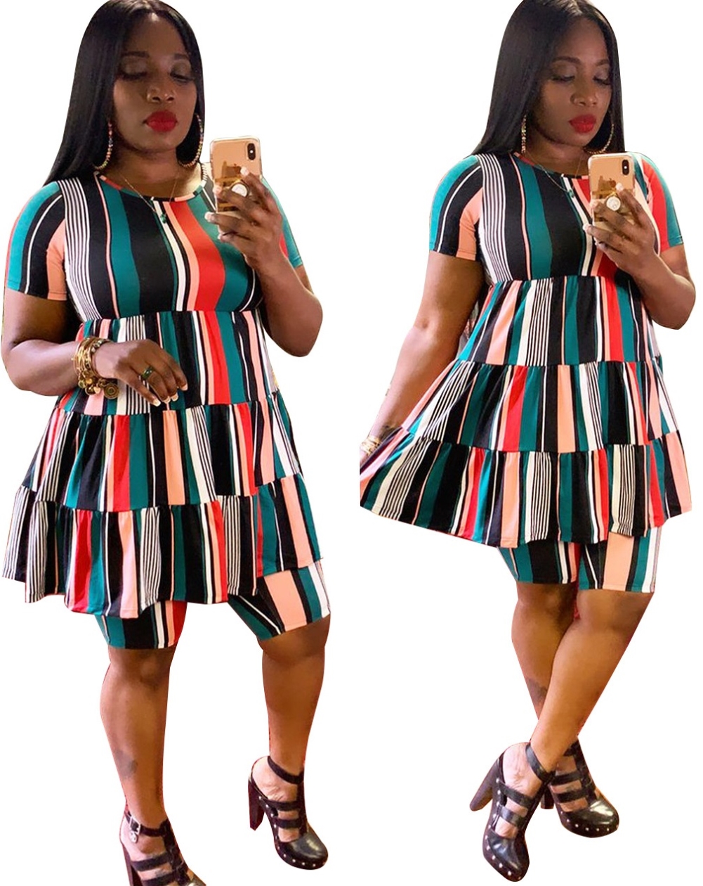 Plus Size Two Piece Stripes Short Set