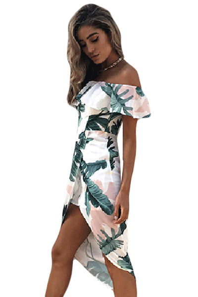 Tropical Palm Leaf Ruffle Off Shoulder Wrap Boho Dress