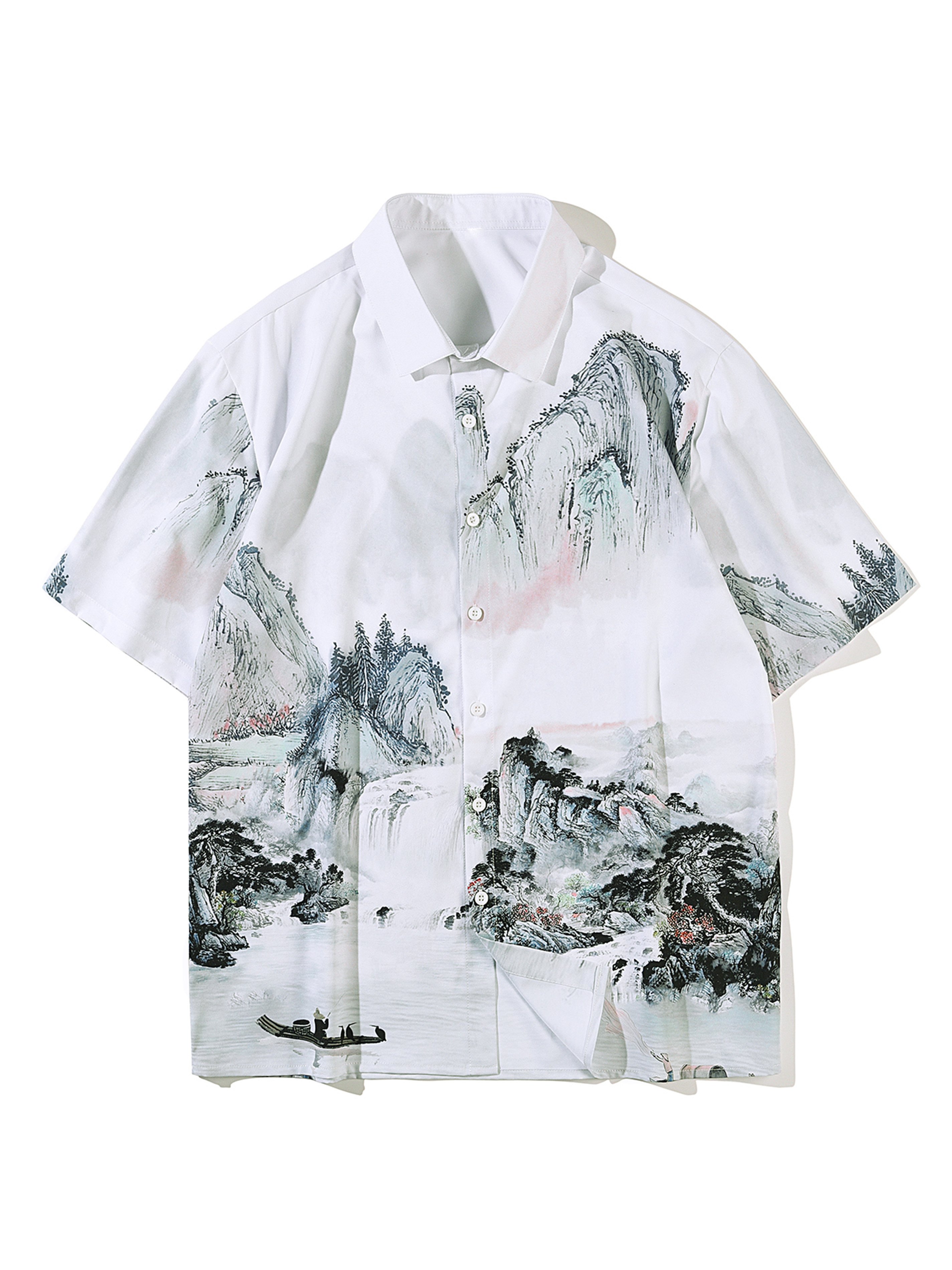 Men's Chinese Landscape Painting Graphic Button Blouse