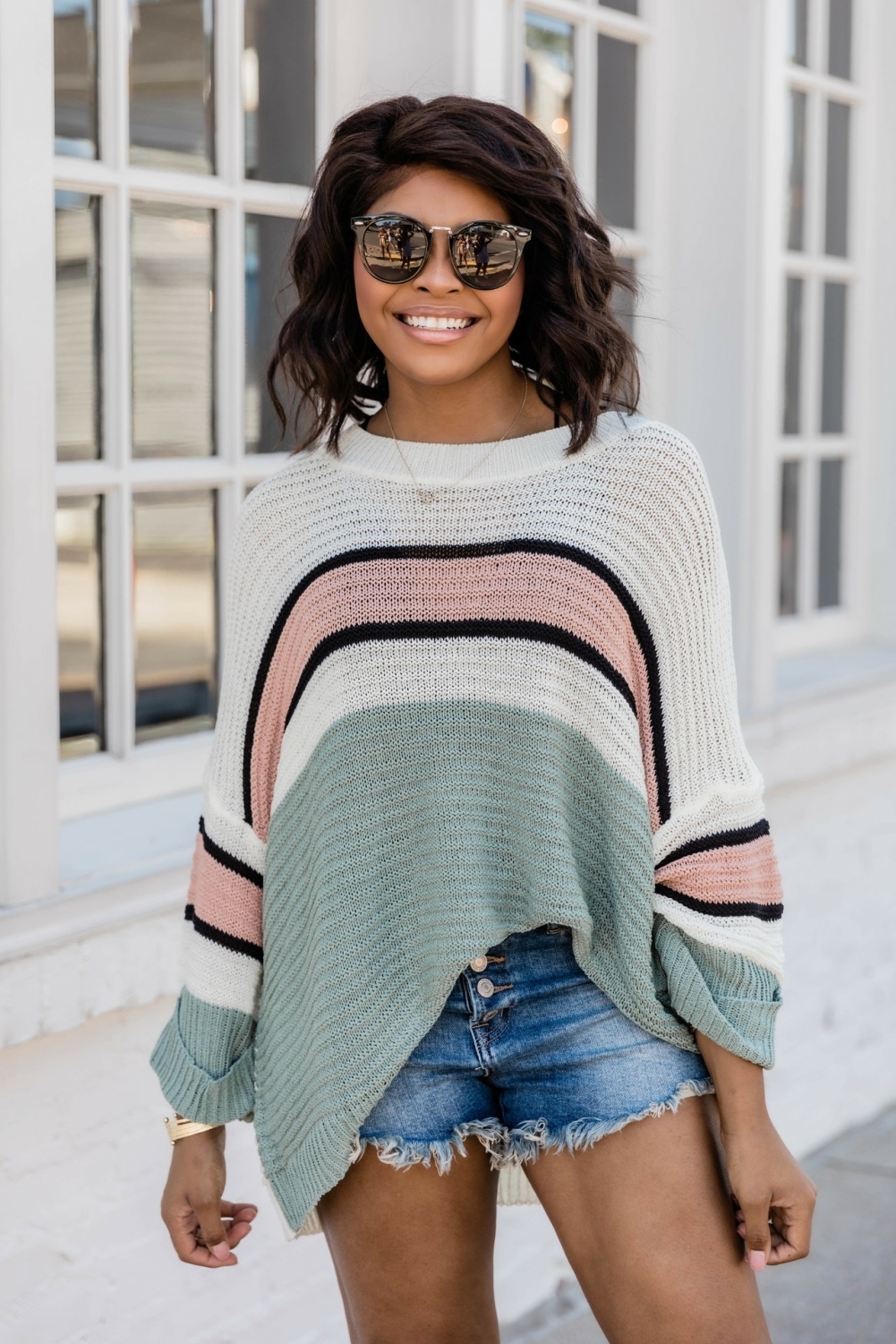 Autumn Bat Sleeving Striped Pullover Sweater