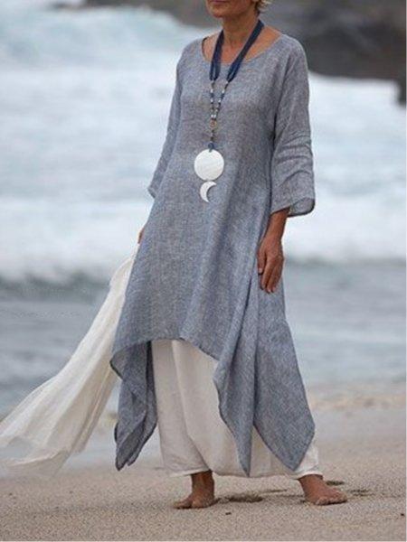 Plus Size Women Linen Dress Casual Asymmetric  Crew Neck Summer Dresses