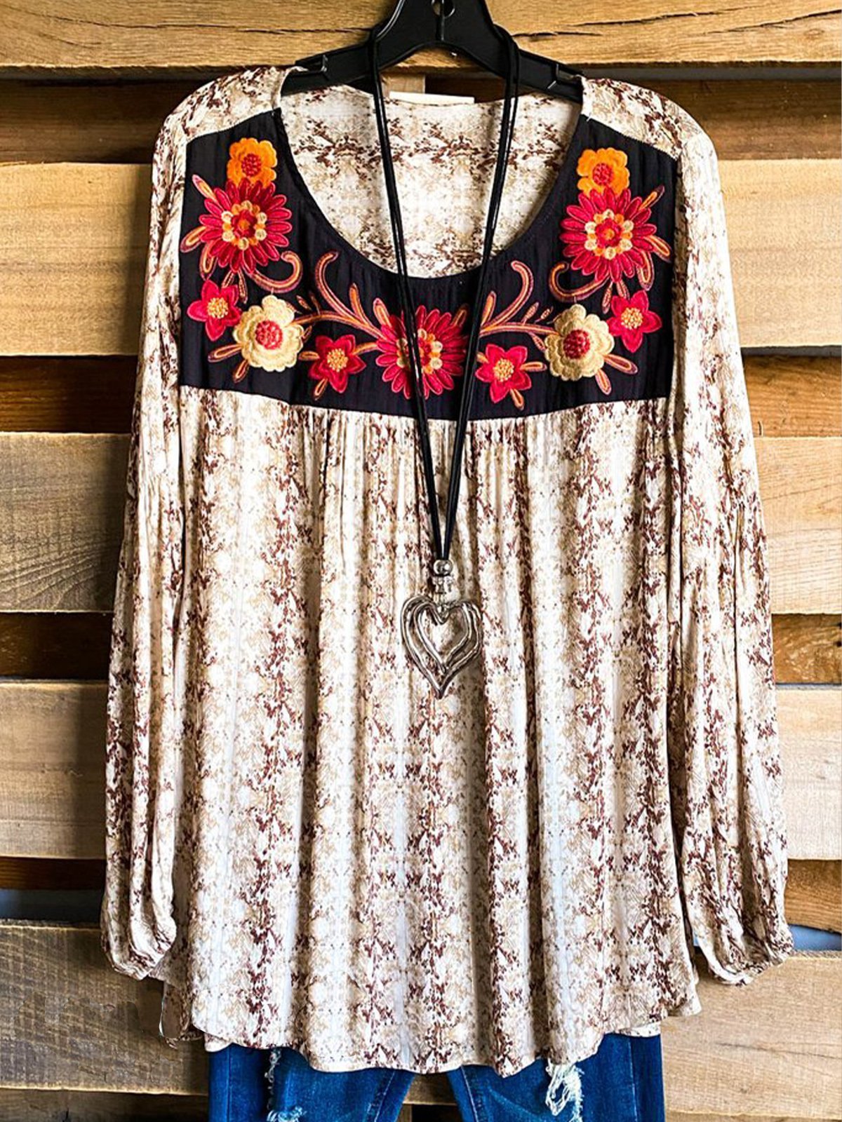 Floral-Print Leopard Long Sleeve A-Line Shirts & Tops