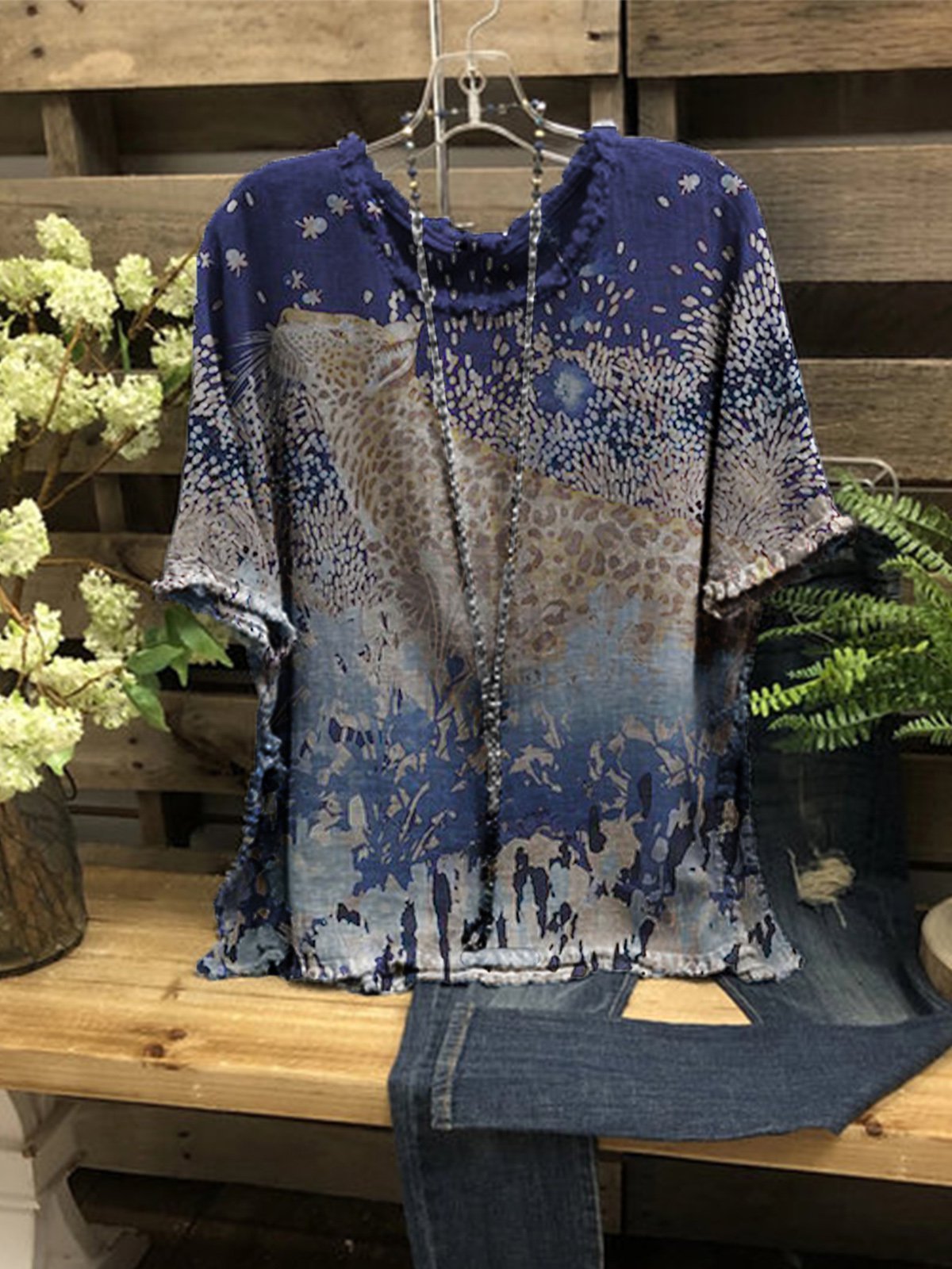 Vintage Jersey Crew Neck Floral-Print Shirts & Tops